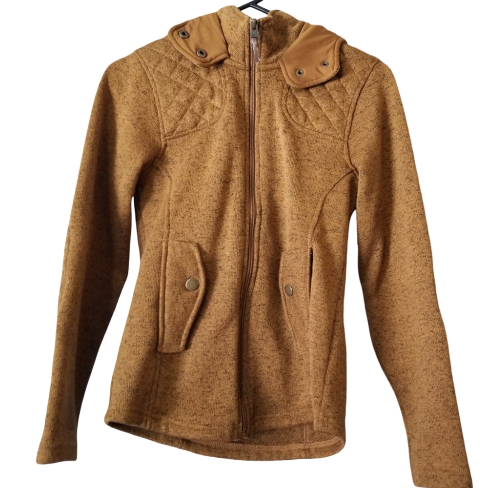 Eddie Bauer Caramel Knit Jacket, Hooded, Quilted Elbows, Pockets Extra small